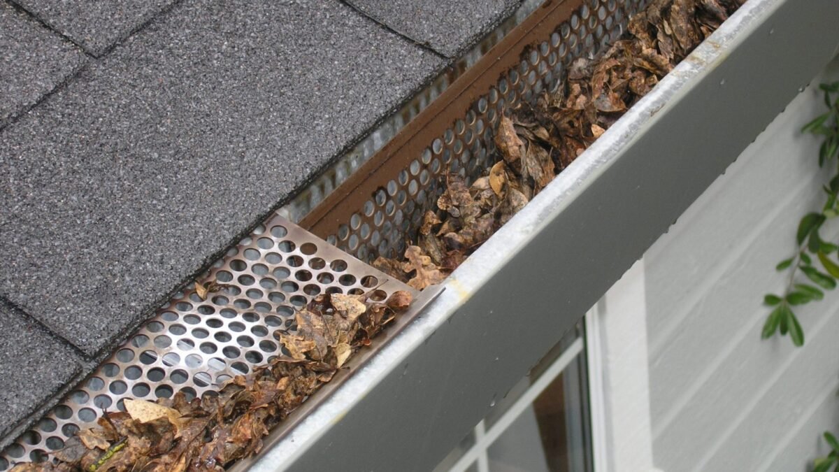 Gutter full of wet leaves under a metal guard, from our gutter cleaning cost guide