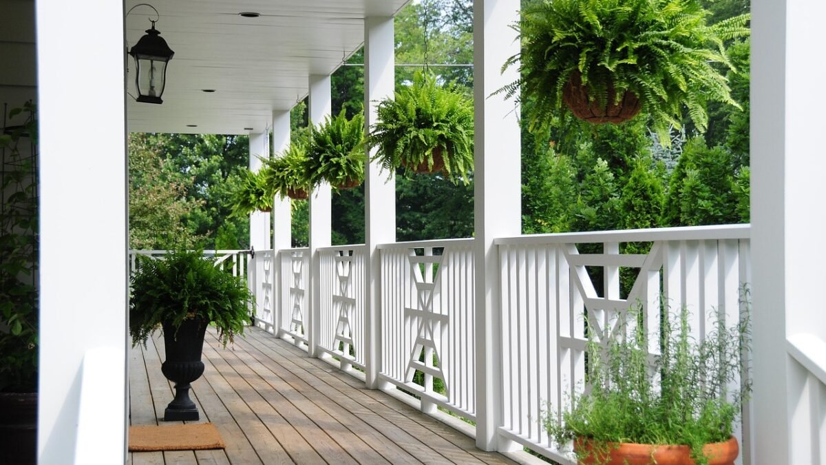 Wooden porch deck with white railing and potted plants
